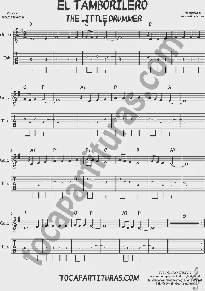 Tubescore The Little Drummer Boy tab sheet music for guitar Traditional Christmas Carol with Chords
