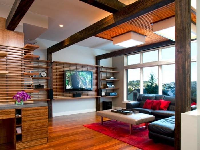 combine warm wood tones with wall units for living room