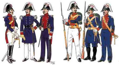 Tres Oficiales y tres de Tropa con los uniformes fundacionales