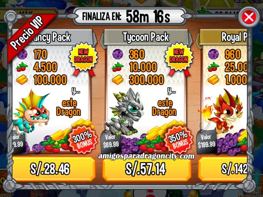 imagen de las ofertas fancy pack y tycoon pack de dragon city ios y android