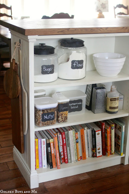 DIY Ikea Hack Kitchen Island with beadboard and butcher block countertop with Billy bookshelves via www.goldenboysandme.com