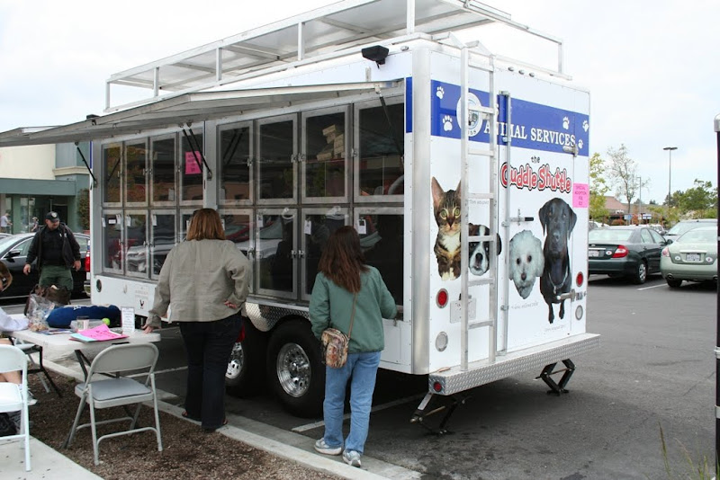 large fancy truck with graphics of cats and dogs with their names and dates of adoption, one side of truck is made up of 16 glass windows