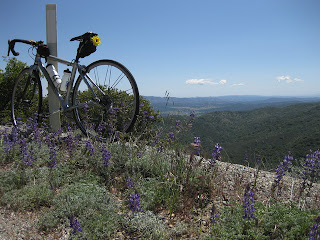 Bicycle with purple lupine overlooking the valley from the back of Mt. Hamilton