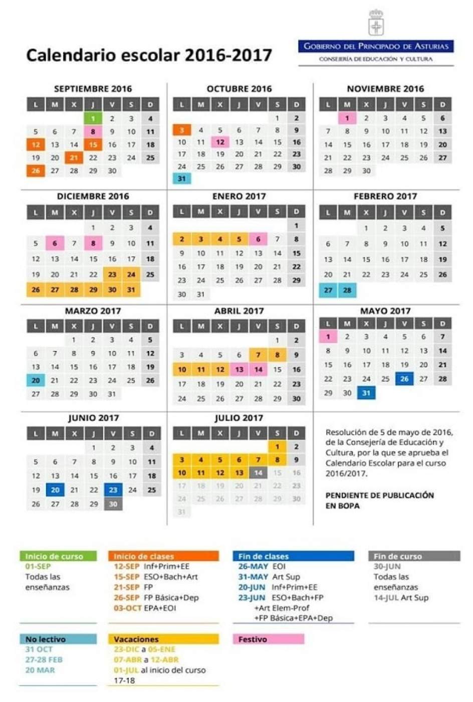 Calendario escolar 2016/17