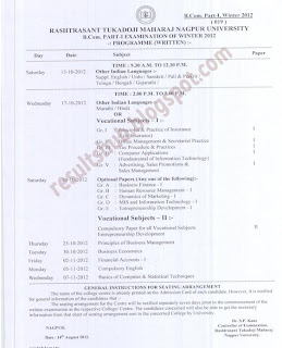B.Com. Part 1 Winter 2012 (October 2012) Timetable Nagpur University