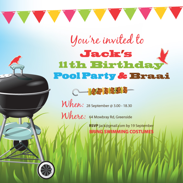loosh creations pool party and braai birthday invitation braai invite template