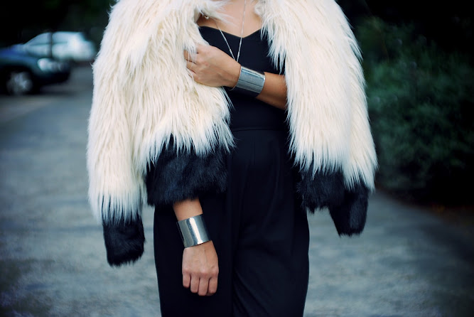 St Frock Arctic Furry Jacket LOVE Black Strapless Jumpsuit