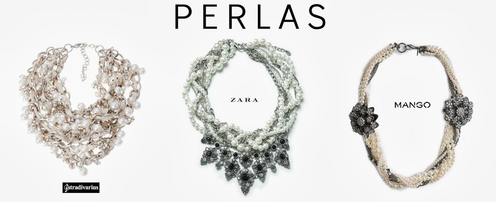 En Stradivarius localizamos el collar más conseguido, mezcla las perlas con cadenas plata y cinta de algodón, en Zara le dan un aire gótico combinándolo con