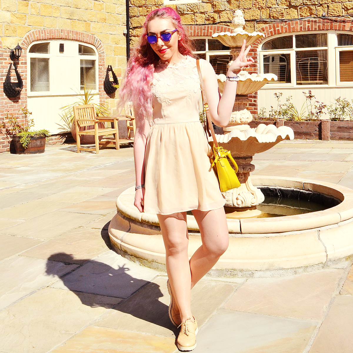 Stephi LaReine // Peach Floral Collar Summer Dress // Oasis (old) Sulphur Yellow Leather Bag * // Boden Clothing DKNY Watch * // House Of Watches Beige Lace Up Platform Brogues * // StyleEdit Carrera Purple Mirrored Sunglasses * // Sunglasses Shop
