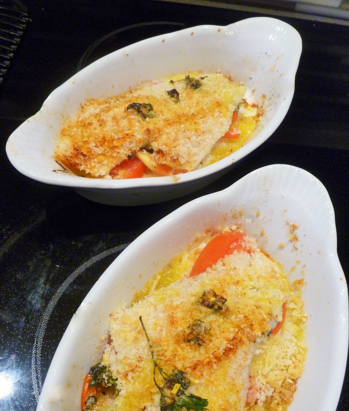 Lindaraxa Flounder Gratin With Tomatoes, Onions And Garlic Pesto