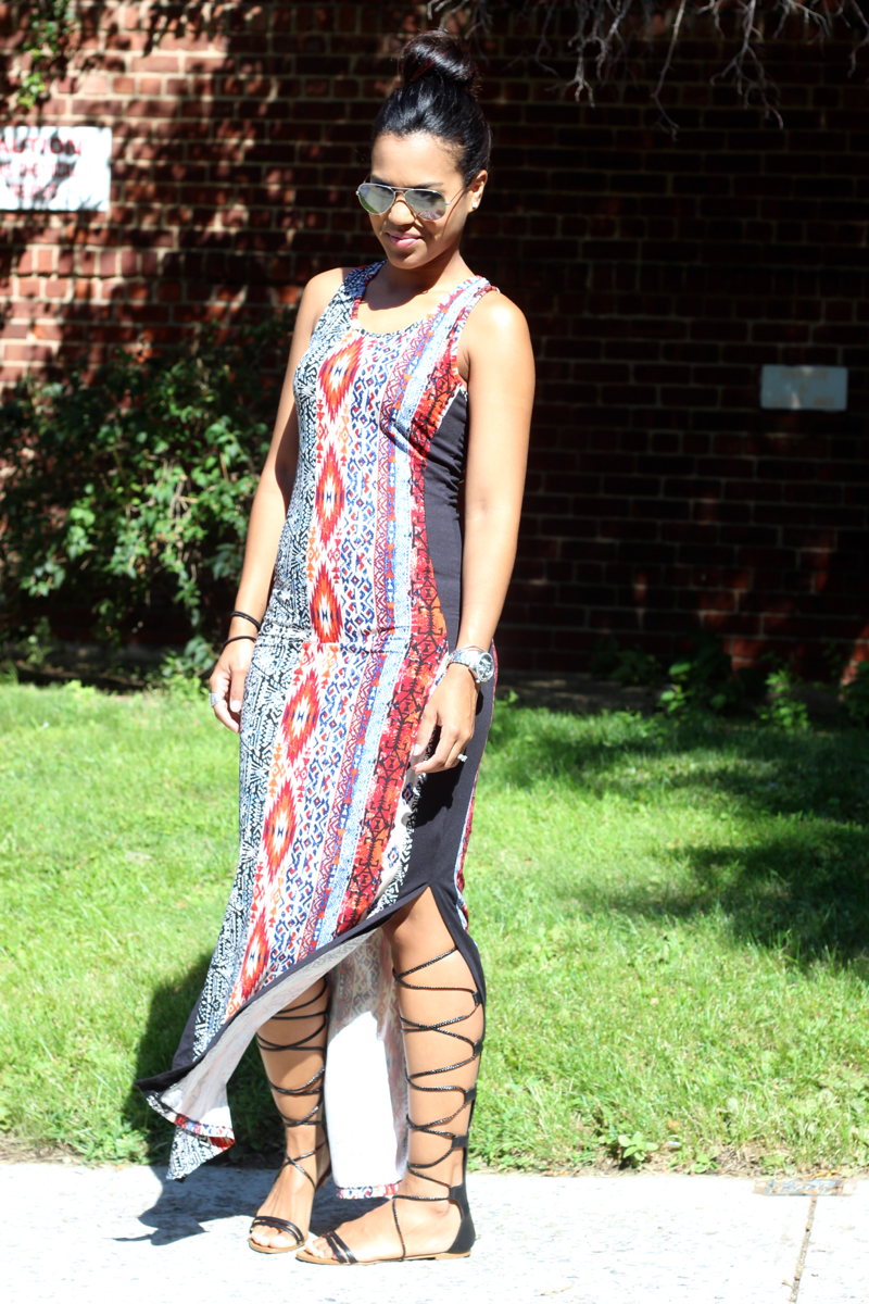 maxi dress with gladiator sandals
