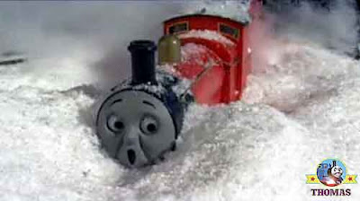 Crashed cold and stuck in a deep snow drifted off the frosty railway track James the train cried out