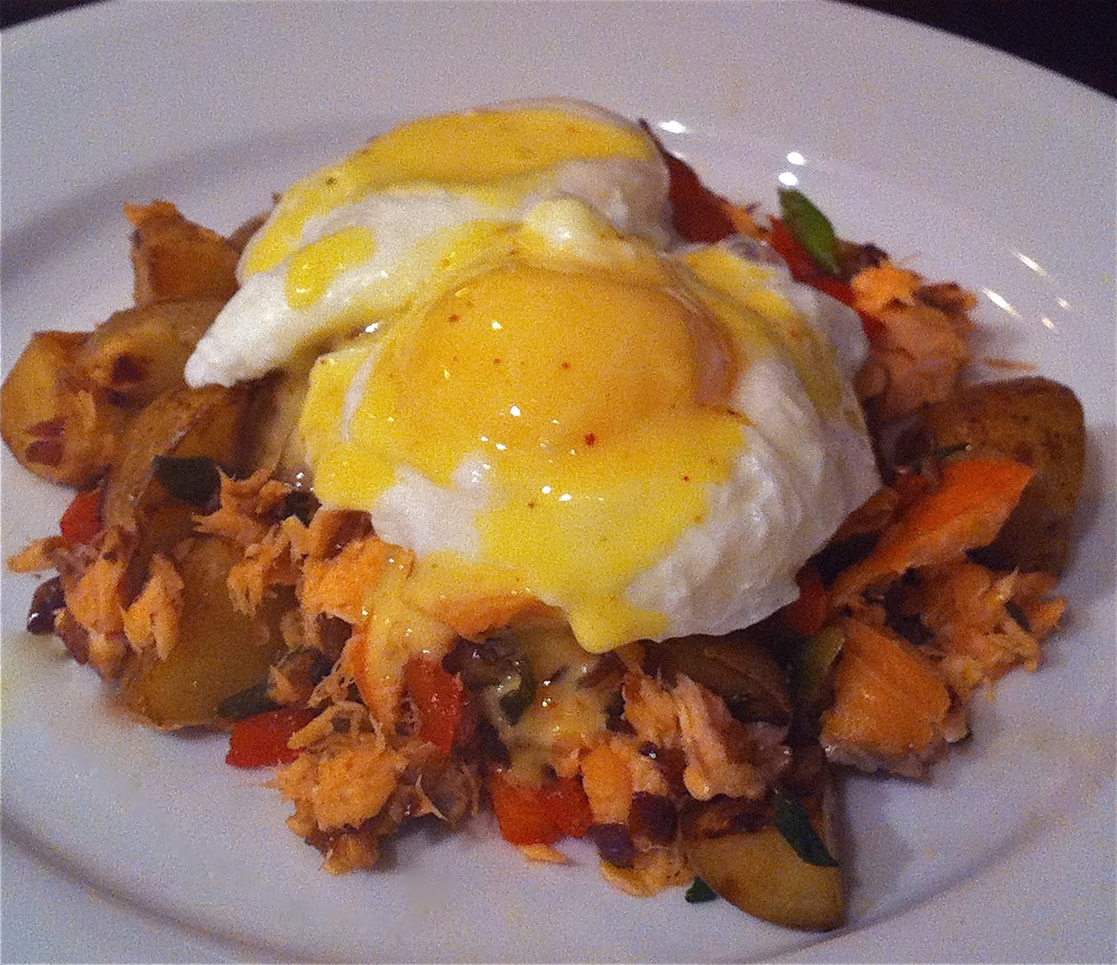 The Charitable Chef Smoked Salmon Hash with Poached Eggs and Piment d