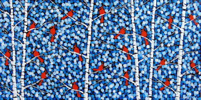 Snowshowers by artist aaron kloss snowshowers, tiny cardinals, artist aaron kloss, sivertson gallery, pointillism, birch painting