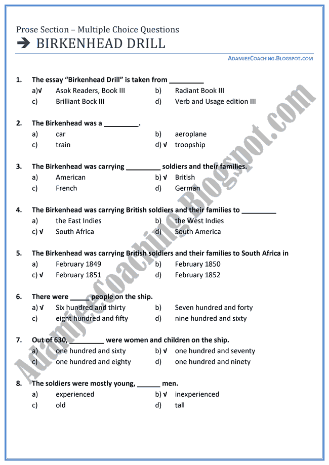 Adamjee Coaching English XI [Birkenhead Drill] Mcqs