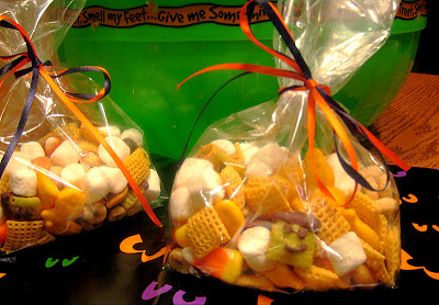 snack mix in a bag with an orange ribbon