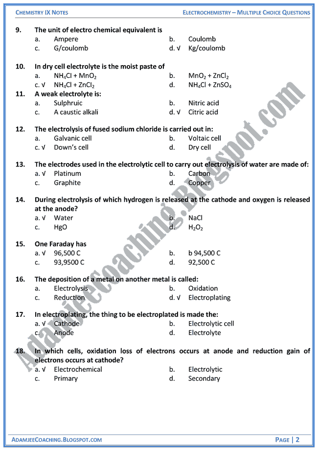 ap chemistry electrochemistry multiple choice