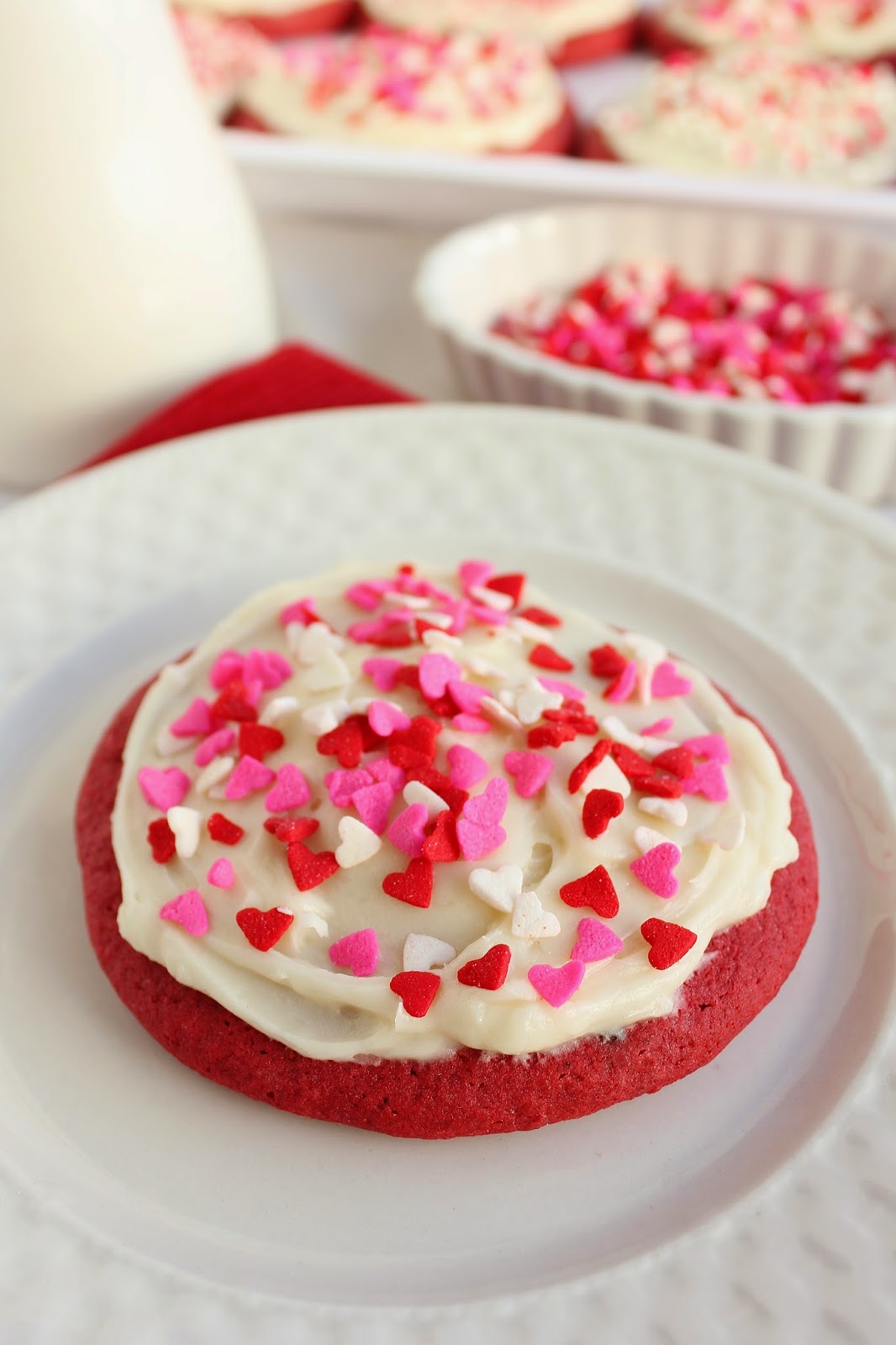 Soft Red Velvet Sugar Cookies with Almond Cream Cheese Frosting