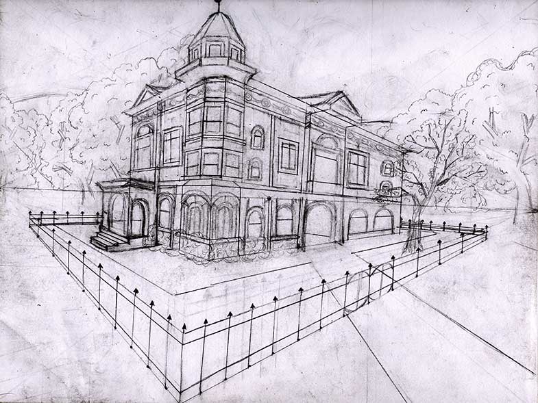 2-Point+Perspective+Drawing++House After finishing my sketch I decided to try out my brush tip pens I got ...