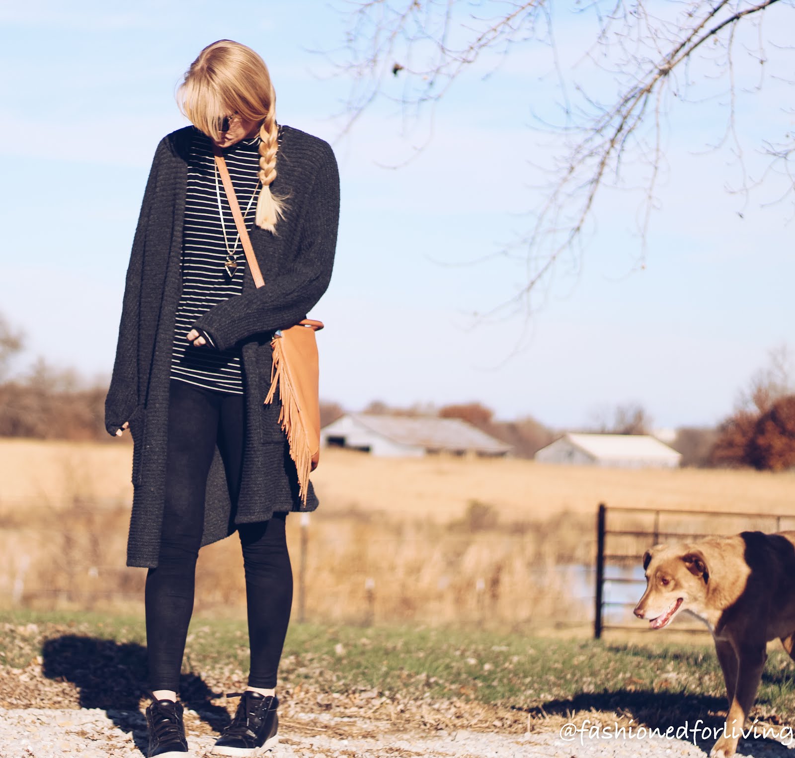 Fashioned For Living: long cardi coat outfit with suede leggings and  striped turtleneck