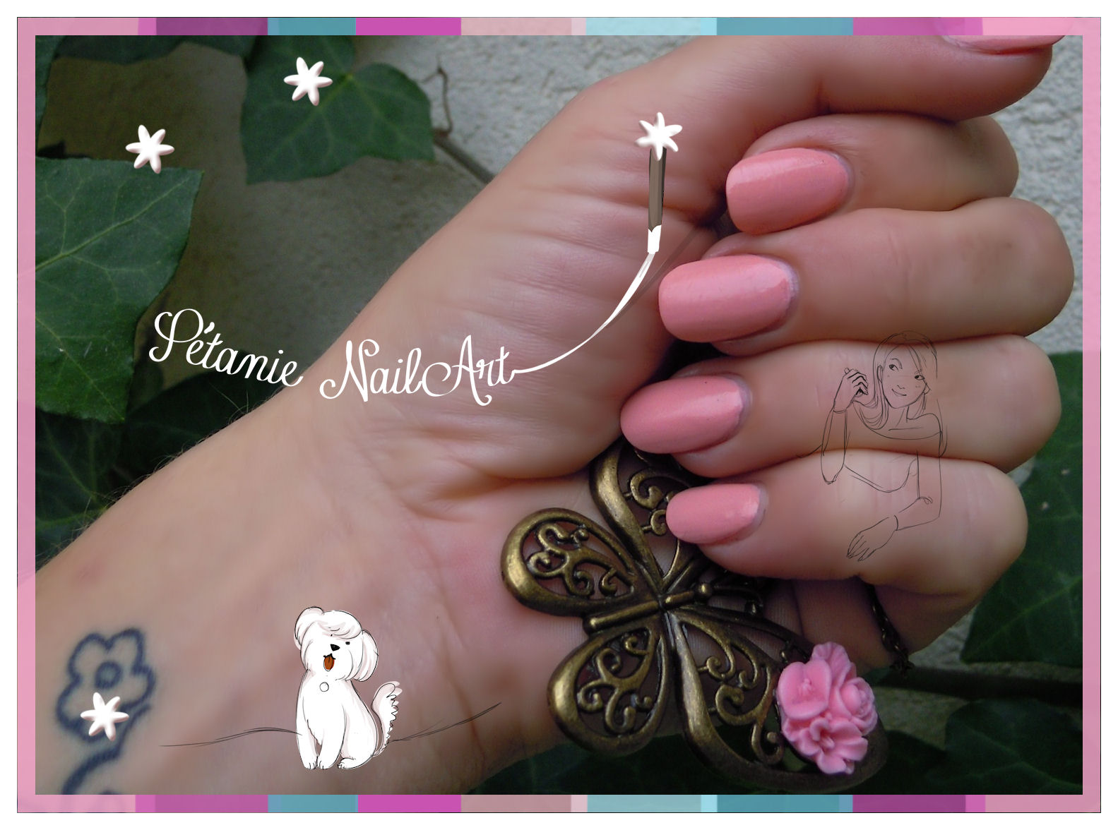 tatouage paillettes avec pochoir d'une rose et d'un papillon