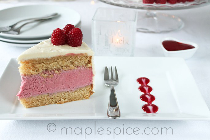 VEGAN Raspberry White Chocolate Mousse Cake.