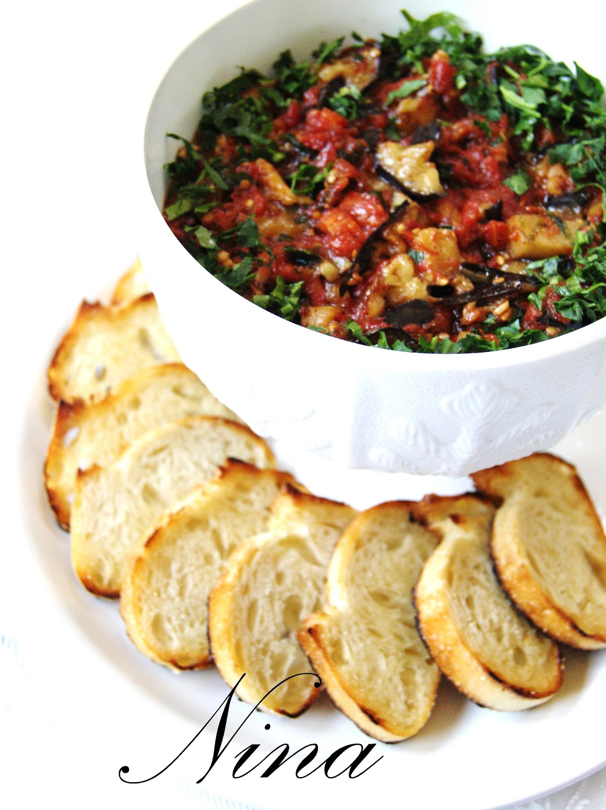 NINA'S RECIPES..... ROASTED EGGPLANT TOMATO AND GARLIC SALAD APPETIZER 