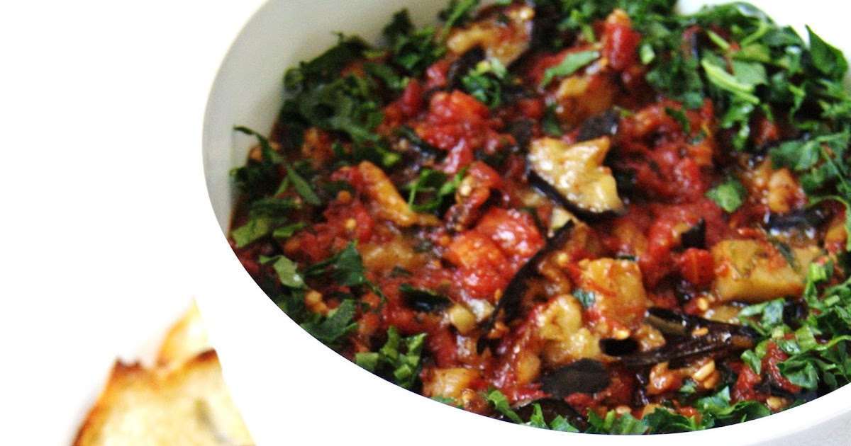 NINA'S RECIPES..... ROASTED EGGPLANT TOMATO AND GARLIC SALAD APPETIZER 