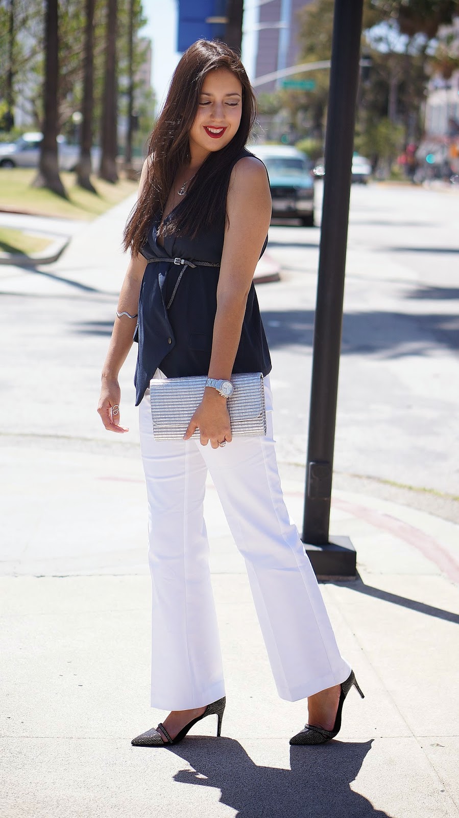 White dress pants, Worthington white pants, JCPenney pants, Navy Blue Vest, Zara heels, Fashion blogger, Style, City Chic,