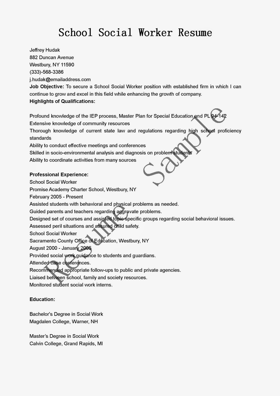 resume sample for social worker