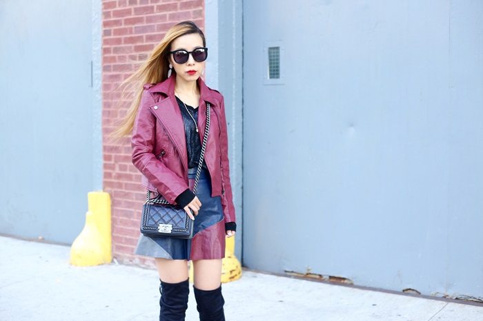 Shall We Sasa Burgundy Chicwish burgundy faux leather jacket, chic wish burgundy colorblock skirt, kendra scott mirror mirror collection, kendra scott perla earrings, Kendra Scott mabel rose gold necklace, otk boots, Karen walker super duper sunglasses, chanel boy bag, fashion blog, fall fashion, street style