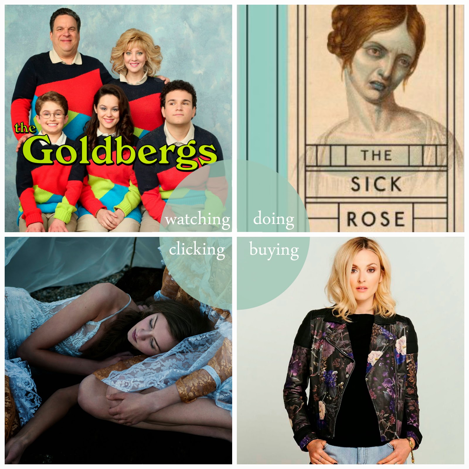 Kimberley's April Round Up round up, best bits, favourites, month highlights, April, The Goldbergs, The Sick Rose, Very, leather jacket, Obscure Couture