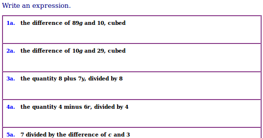 Free worksheets for variable expressions