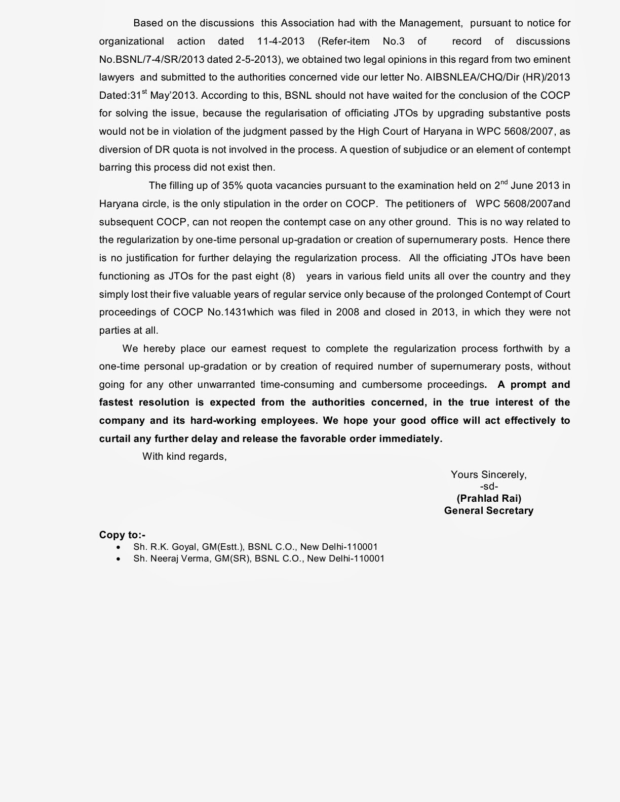 AIBSNLEA GS Sri.PRAHLADRAI's LETTER ON OUR ISSUE ~ M. MURALIKRISHNA