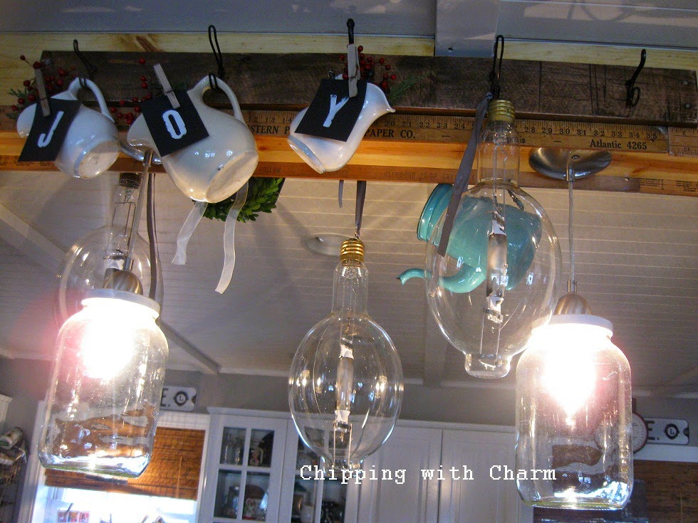 Chipping with Charm: Christmas in the kitchen, industrial bulbs...http://www.chippingwithcharm.blogspot.com/