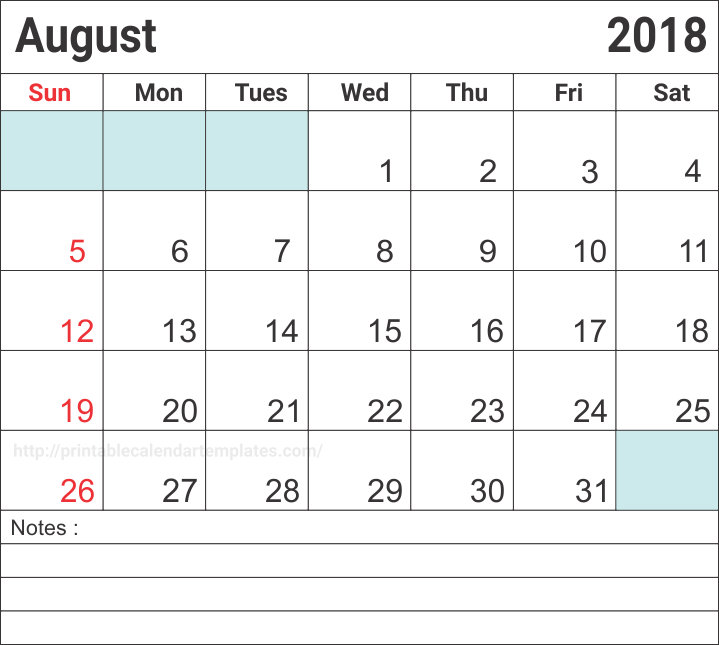 calendar printable august 2018