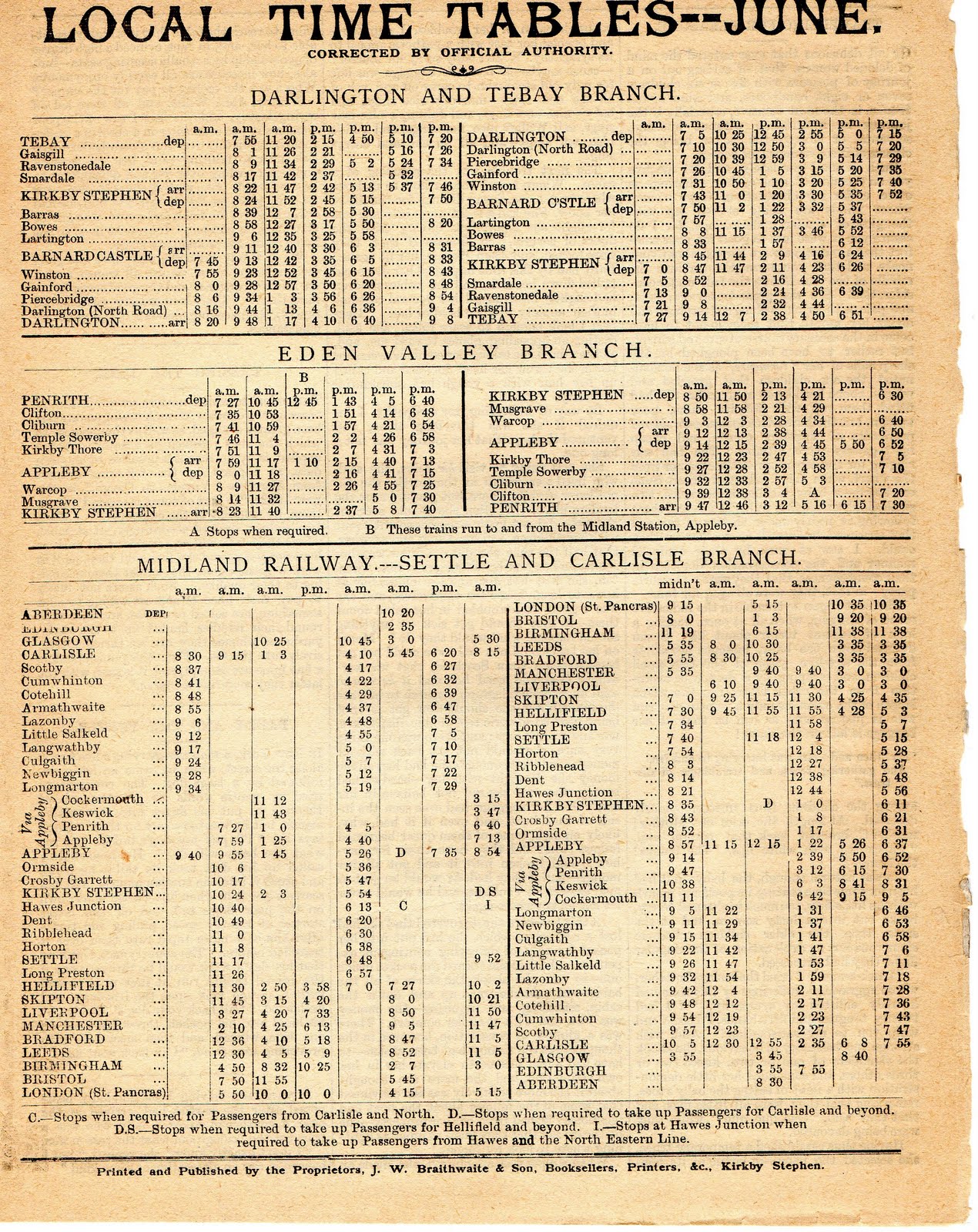 'Stainmore 150' Diary June 1890 Timetable
