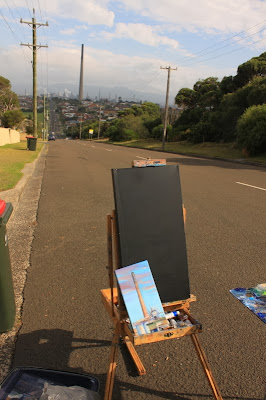 Urban decay - plein air oil painting of the Port Kembla Copper stack by industrial heritage artist Jane Bennett