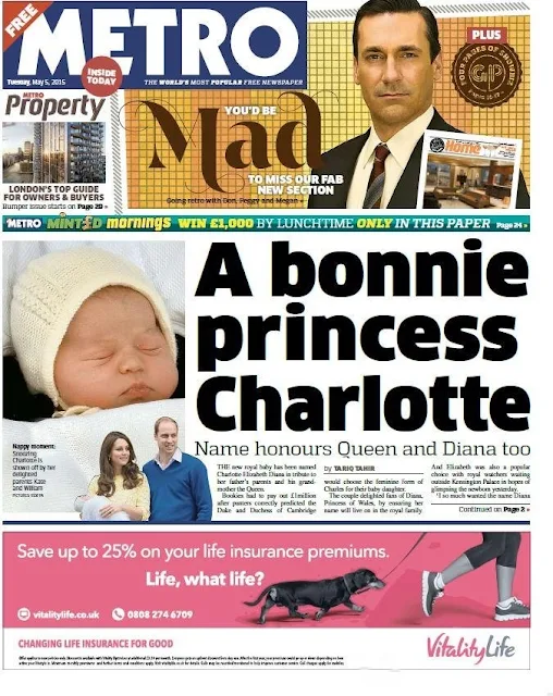 Britain’s newspapers lauded the choice of "Charlotte Elizabeth Diana" as the name of the new baby of Prince William and his wife Kate as a tribute to family on Tuesday on May 4, 2015.