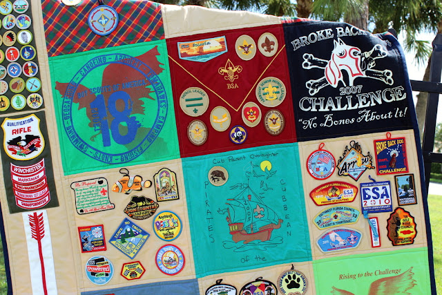 Boy Scout memory Quilt, given at Eagle Scout ceremony, great way to display saved scouting memorabili, pins, uniforms, and badges