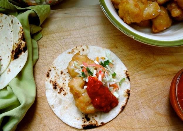 crispy fish tacos with sweet-and-spicy carrot slaw