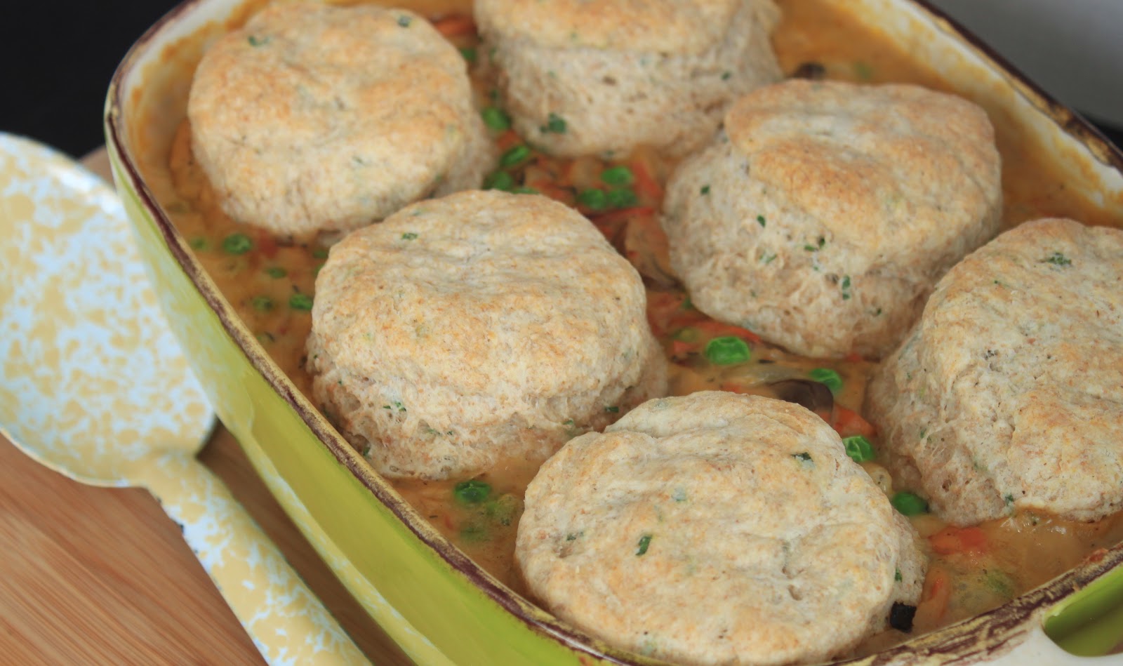 creamy mushroom and sweet potato pot pie with chive biscuits greens