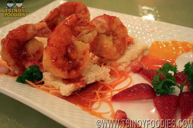 prawns and pop rice stawberry sauce