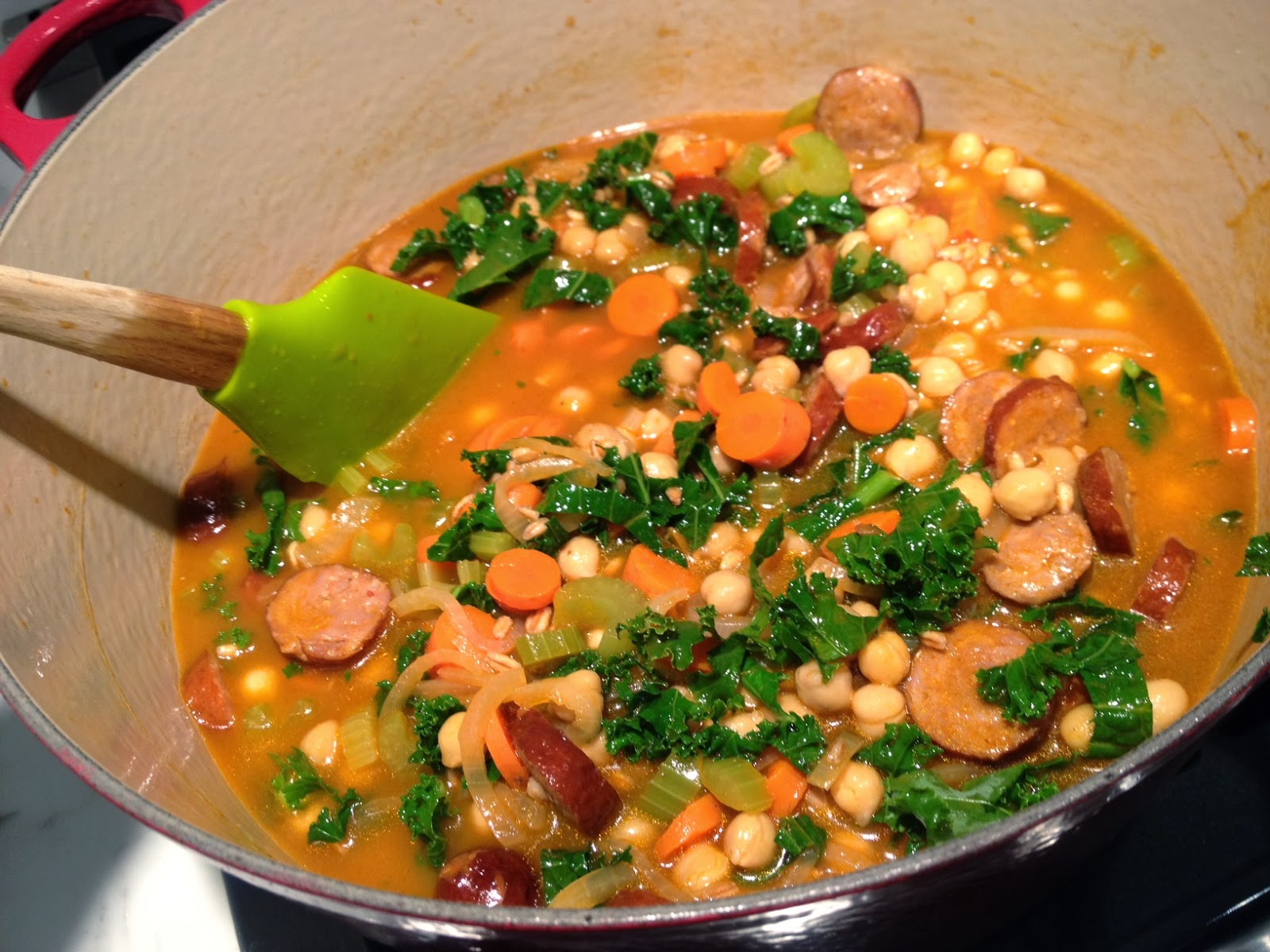 The Full Plate Blog Sunday Soup Spicy Farro, Chickpea and Chorizo Stew