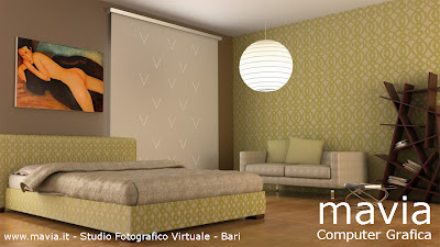 Interior rendering 3d: modellazione e Rendering 3d camera da letto con tenda a pannello seta