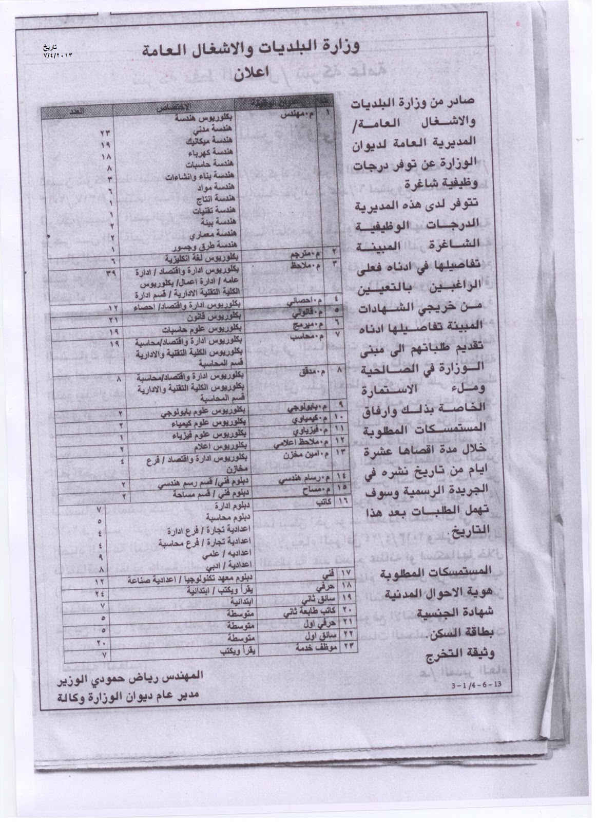 تعيينات العراق تعيينات في وزارة البلديات والاشغال العامه