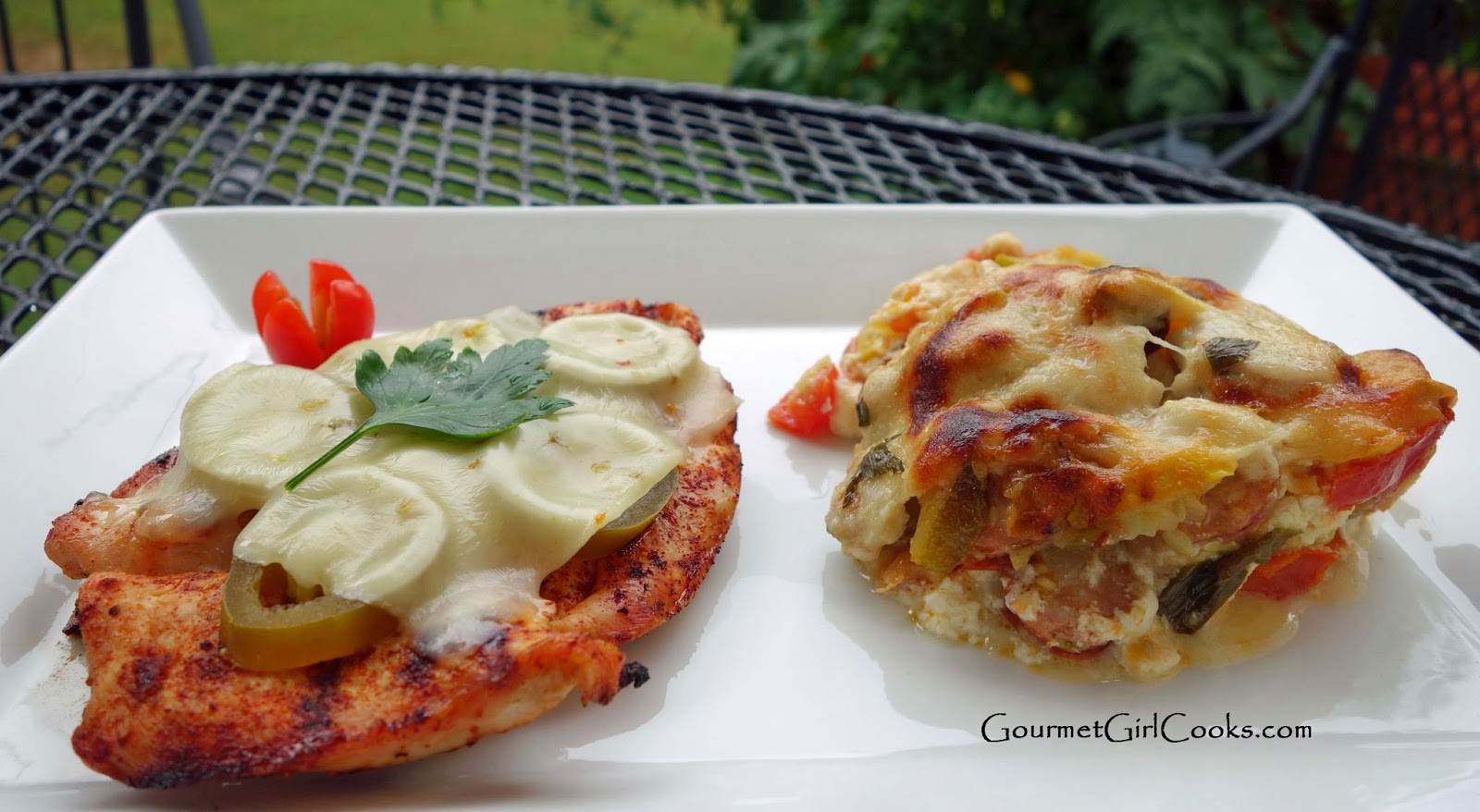 Gourmet Girl Cooks Grilled Chipotle Chicken & Andouille Ratatouille Bake