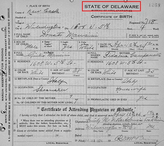 Example of State of Delaware Birth Cert.