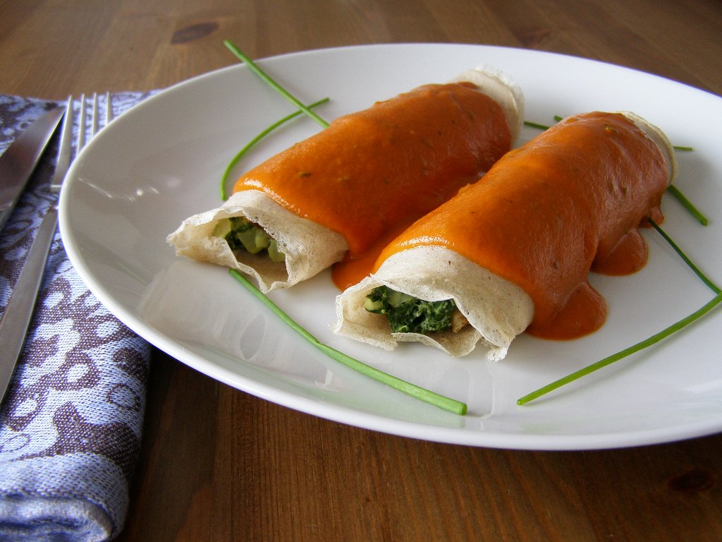maple•spice Buckwheat Crêpes filled with Spinach, Almond Feta and