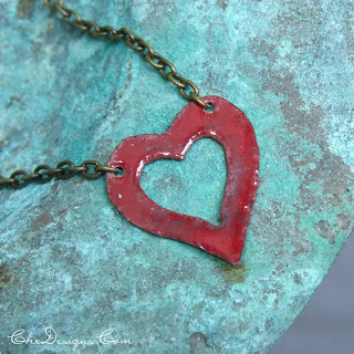 handmade red enamel heart necklace in copper and brass for Valentines Day gifts